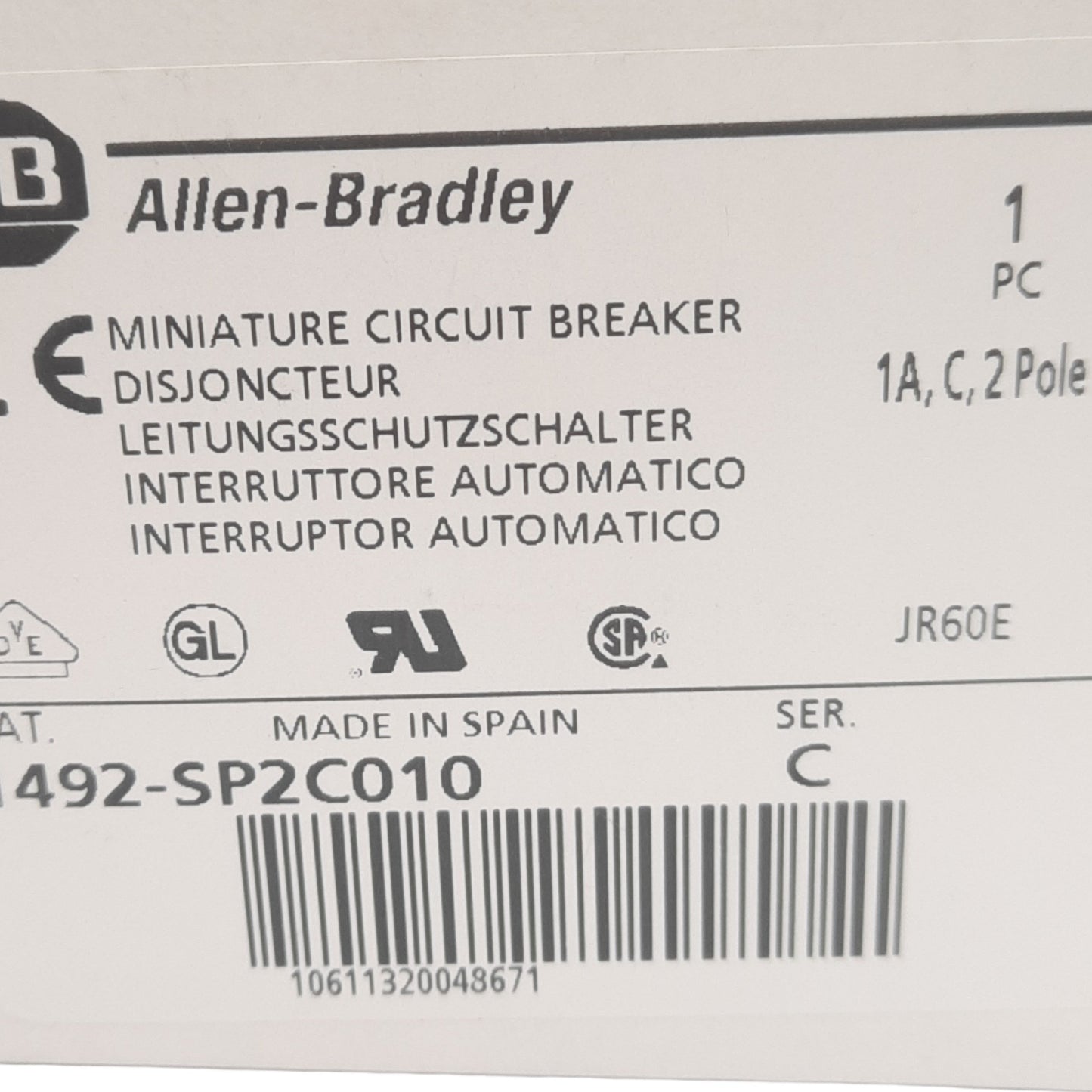 New Allen Bradley 1492-SP2C010 Circuit Breaker, 415 VAC, 2 Pole, 1A, DIN Rail