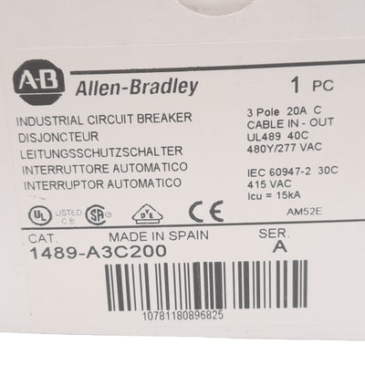 New Allen Bradley 1489-A3C200 Circuit Breaker, 3 Pole, 20 A, 480Y/277VAC, DIN Rail