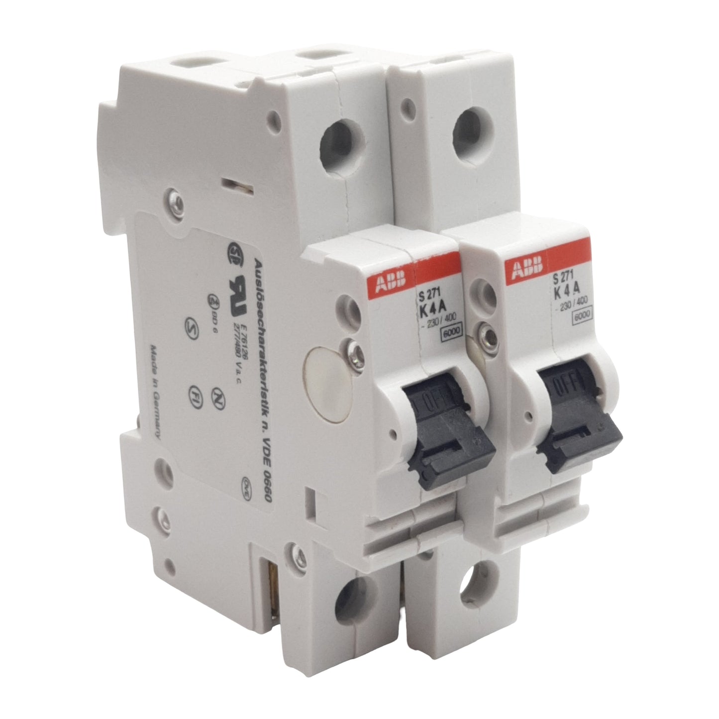 Used Lot of 2 ABB S271-K4A Circuit Breaker, 1-Pole, 4A 277/480VAC, DIN Rail
