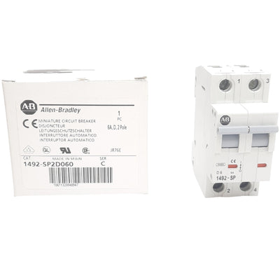 New Allen Bradley 1492-SP2D060 Circuit Breaker, 2Pole, 6A, 415VAC, DIN Rail