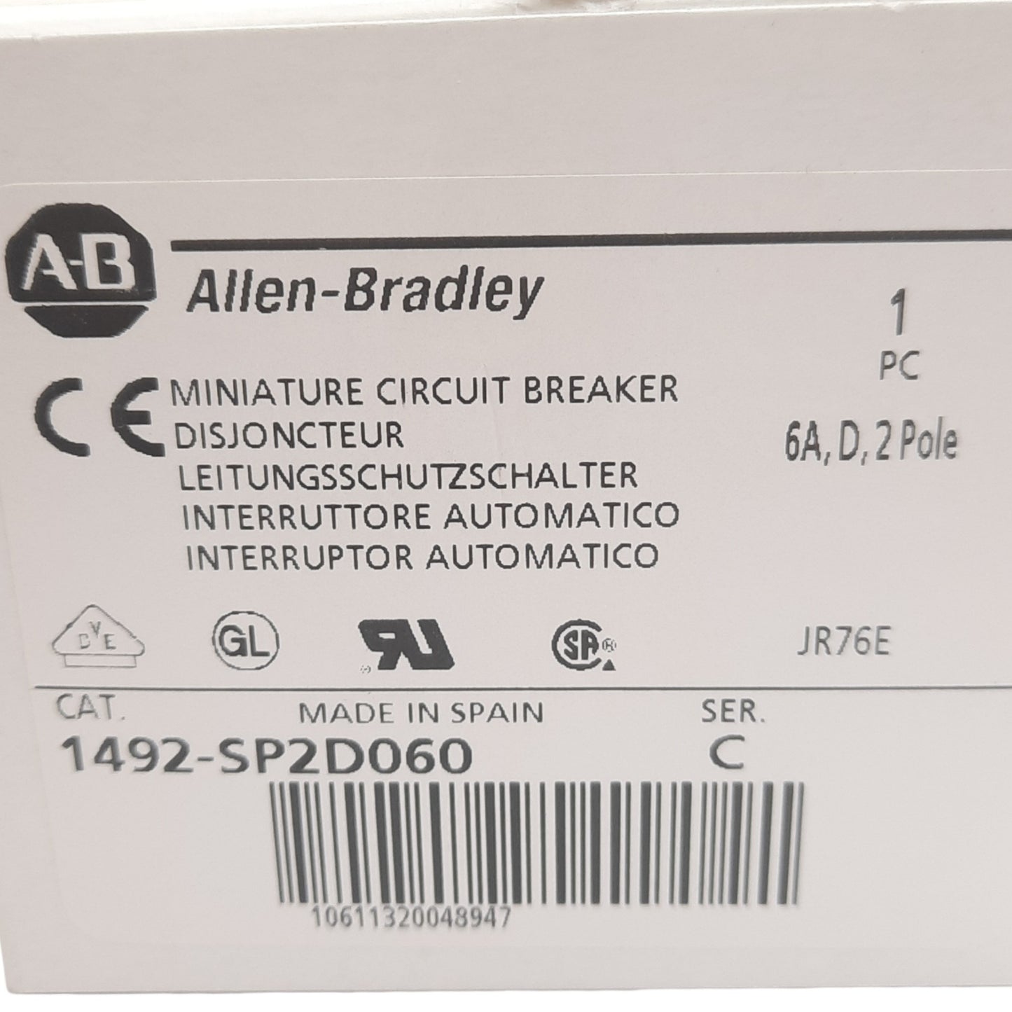 New Allen Bradley 1492-SP2D060 Circuit Breaker, 2Pole, 6A, 415VAC, DIN Rail