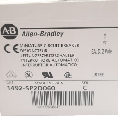 New Allen Bradley 1492-SP2D060 Circuit Breaker, 2Pole, 6A, 415VAC, DIN Rail