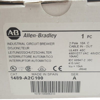 New Allen Bradley 1489-A2C100 Circuit Breaker 480/277VAC, 96VDC 10A 10kA, 2 Pole