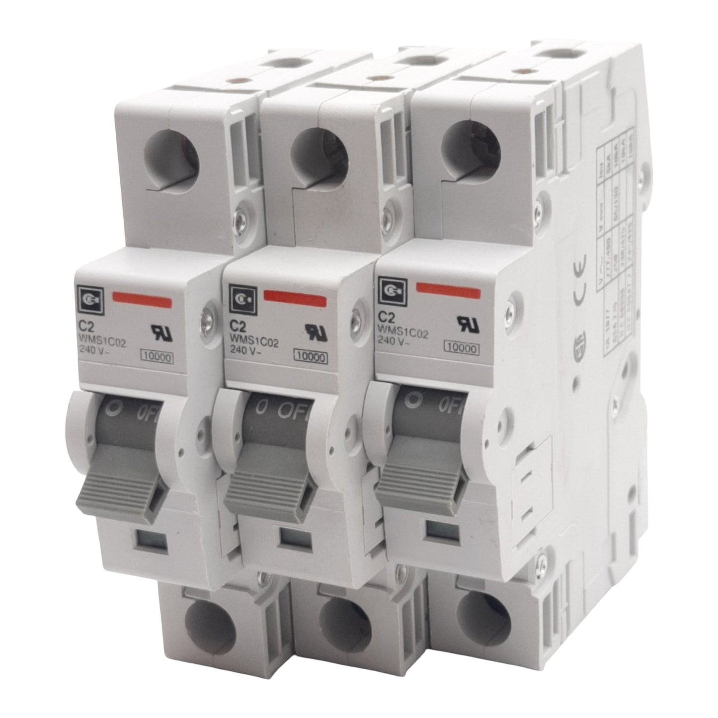 Used Lot of 3 Cutler-Hammer WMS1C02 Circuit Breaker, 1-Pole, 2A 240/415VAC, DIN Rail