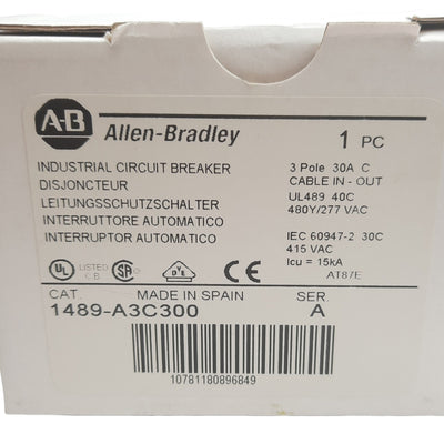 New Allen Bradley 1489-A3C300 Circuit Breaker, 3 Pole, 30 A, 480Y/277VAC, DIN