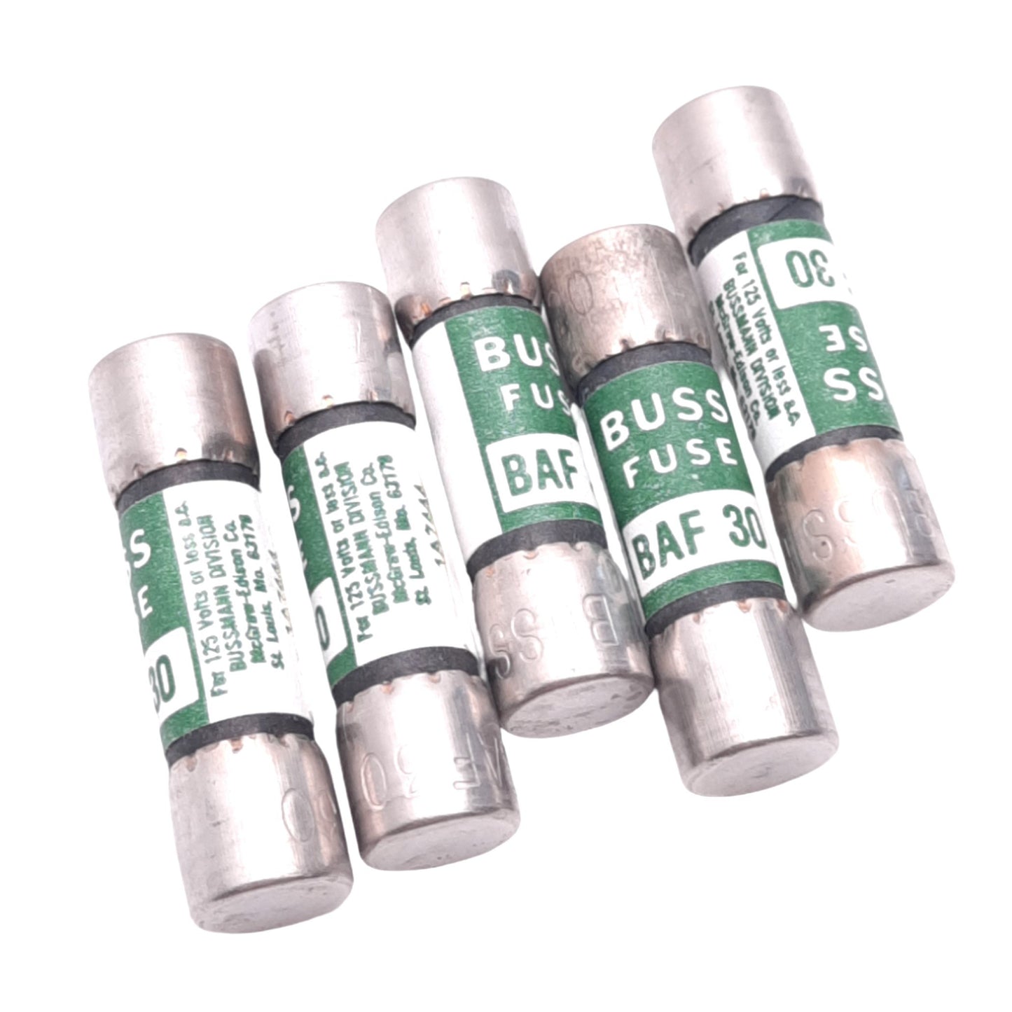 Used Lot of 5 Eaton Bussmann BAF-30 Fast Acting Midget Fuses, 30A, 125VAC, Class CC