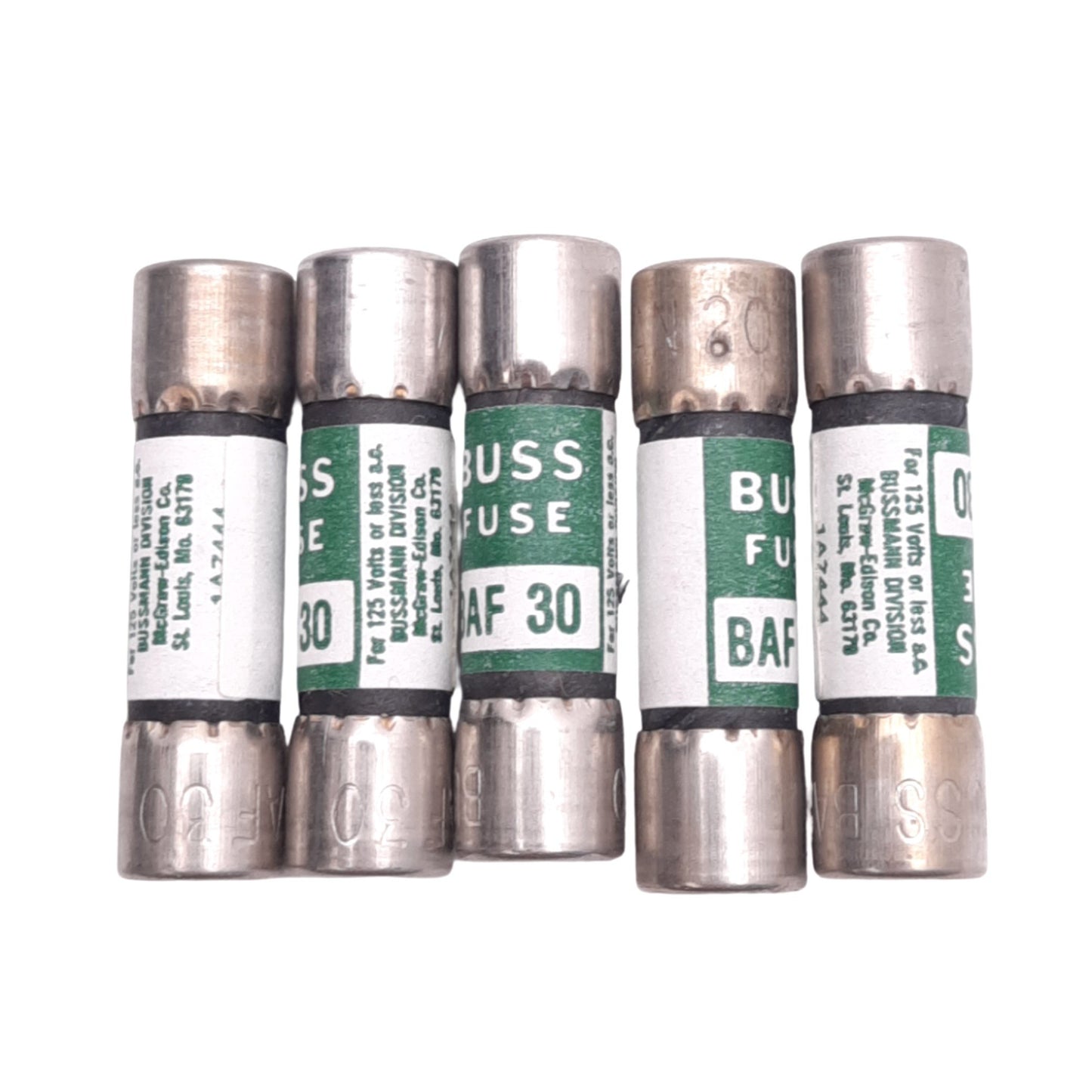 Used Lot of 5 Eaton Bussmann BAF-30 Fast Acting Midget Fuses, 30A, 125VAC, Class CC