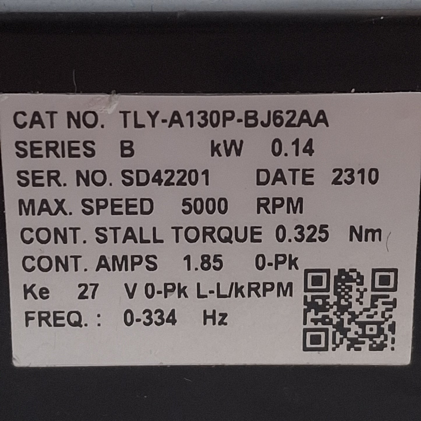 Used Allen Bradley TLY-A130P-BJ62AA Servo Motor, 230VAC, 0.14kW, 5000RPM, NEMA 17