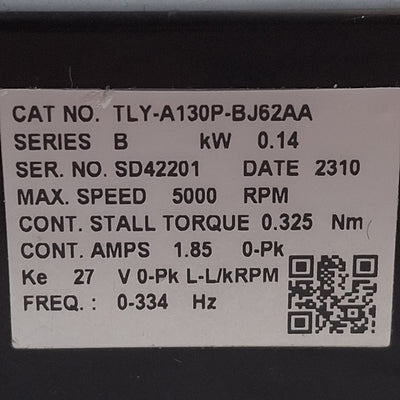Used Allen Bradley TLY-A130P-BJ62AA Servo Motor, 230VAC, 0.14kW, 5000RPM, NEMA 17