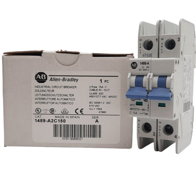 New Allen Bradley 1489-A2C150 Circuit Breaker,480Y/277VAC, 15 A, 2 Pole, DIN Rail