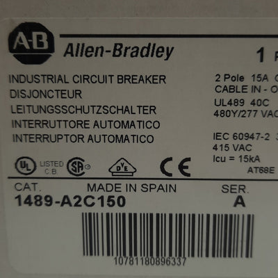 New Allen Bradley 1489-A2C150 Circuit Breaker,480Y/277VAC, 15 A, 2 Pole, DIN Rail