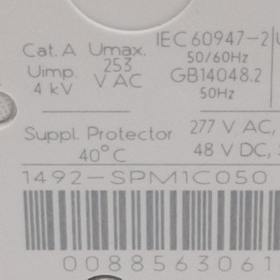Used Allen Bradley 1492-SPM1C050 Circuit Breaker, 1-Pole, 5A 48VDC/277VAC, DIN Rail