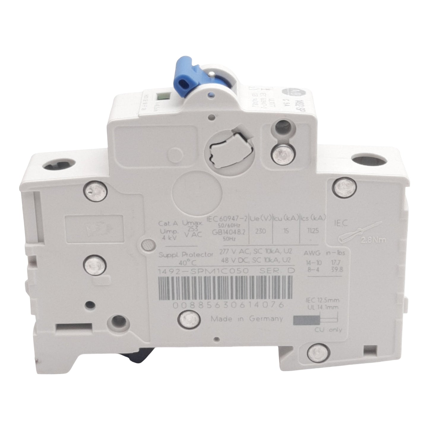 Used Allen Bradley 1492-SPM1C050 Circuit Breaker, 1-Pole, 5A 48VDC/277VAC, DIN Rail