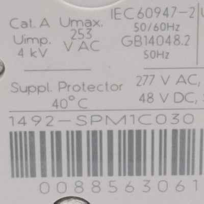 Used Allen Bradley 1492-SPM1C030 Circuit Breaker, 1-Pole, 3A 48VDC/277VAC, DIN Rail
