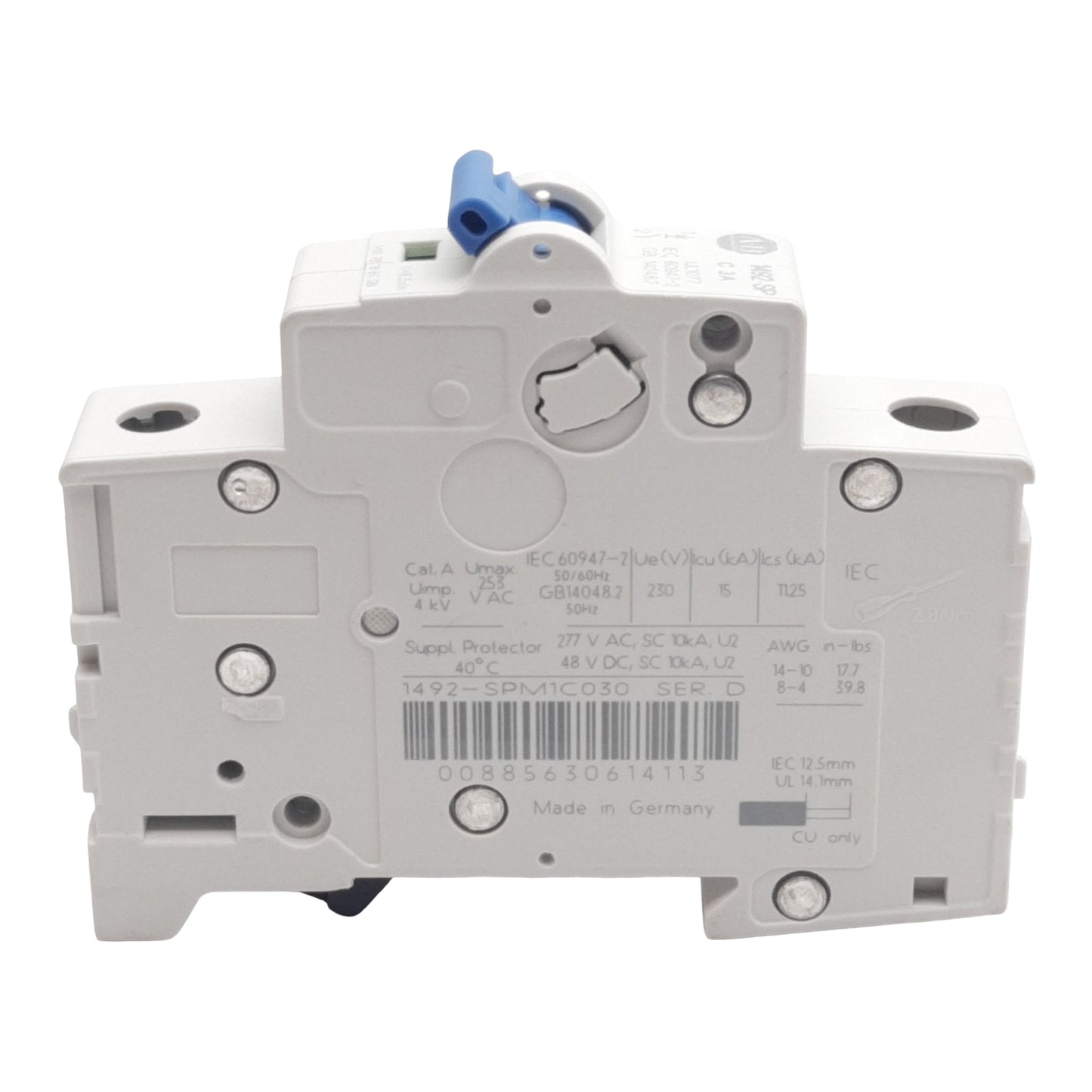 Used Allen Bradley 1492-SPM1C030 Circuit Breaker, 1-Pole, 3A 48VDC/277VAC, DIN Rail