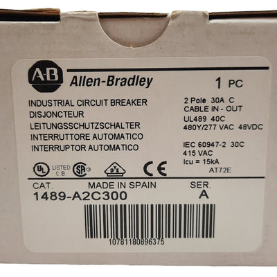 New Allen Bradley 1489-A2C300 Circuit Breaker, 480Y/277VAC, 30A, 2 Pole, DIN Rail