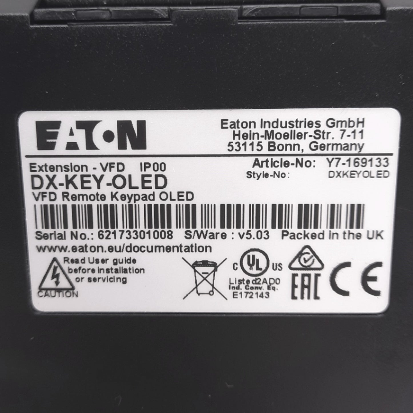 Used Eaton DX-KEY-OLED Y7-169133 Remote Keypad for DC1 Drive, RJ45, 2-3/4" Display