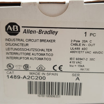 New Allen Bradley 1489-A2C200 Circuit Breaker, 480Y/277VAC, 20 A, 2 Pole, DIN Rail