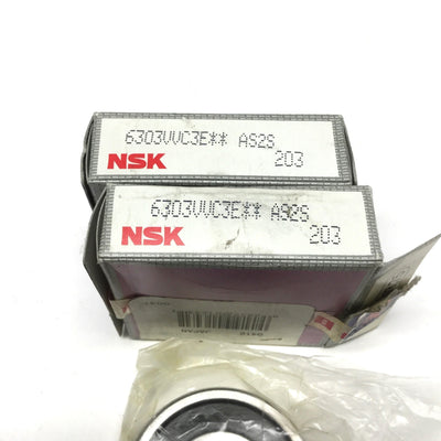New Lot of 2 NSK 6303VVC3 Deep Groove Ball Bearings 17mm Bore, 47mm OD, 14mm Wide