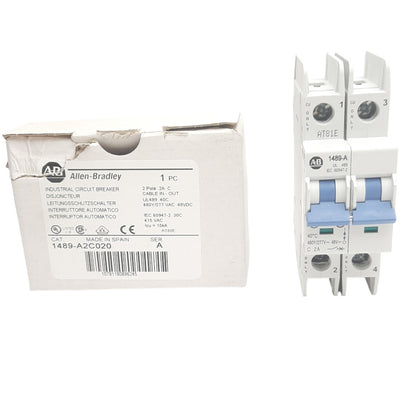 New Allen Bradley 1489-A2C020 Circuit Breaker, 2 Pole, 2A, 480Y/277VAC, DIN Rail
