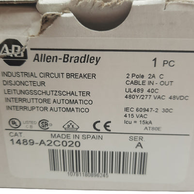 New Allen Bradley 1489-A2C020 Circuit Breaker, 2 Pole, 2A, 480Y/277VAC, DIN Rail