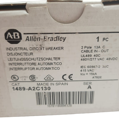 New Allen Bradley 1489-A2C130 Circuit Breaker, 2 Pole, 13A, 480Y/277VAC, DIN Rail
