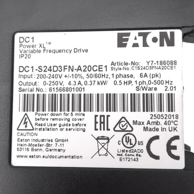 Used Eaton DC1-S24D3FN-A20CE1 Variable Frequency Drive, 0-250VAC 4.3A Out, 1/2hp