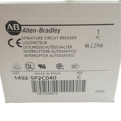 New Allen Bradley 1492-SP2C040 Circuit Breaker, 2 Pole, 4A, 415 VAC, DIN Rail