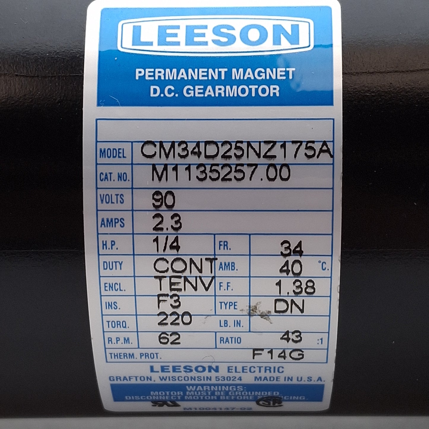 Used Leeson CM34D25NZ175A Gearmotor, 43:1, 62RPM, 90VDC 2.3A, 1/4HP, ø3/4in Shaft