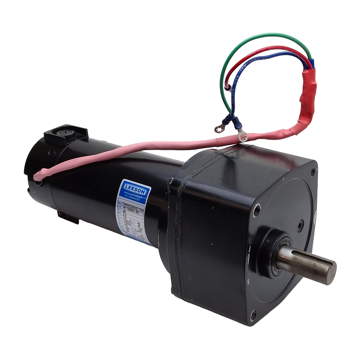 Used Leeson CM34D25NZ175A Gearmotor, 43:1, 62RPM, 90VDC 2.3A, 1/4HP, ø3/4in Shaft