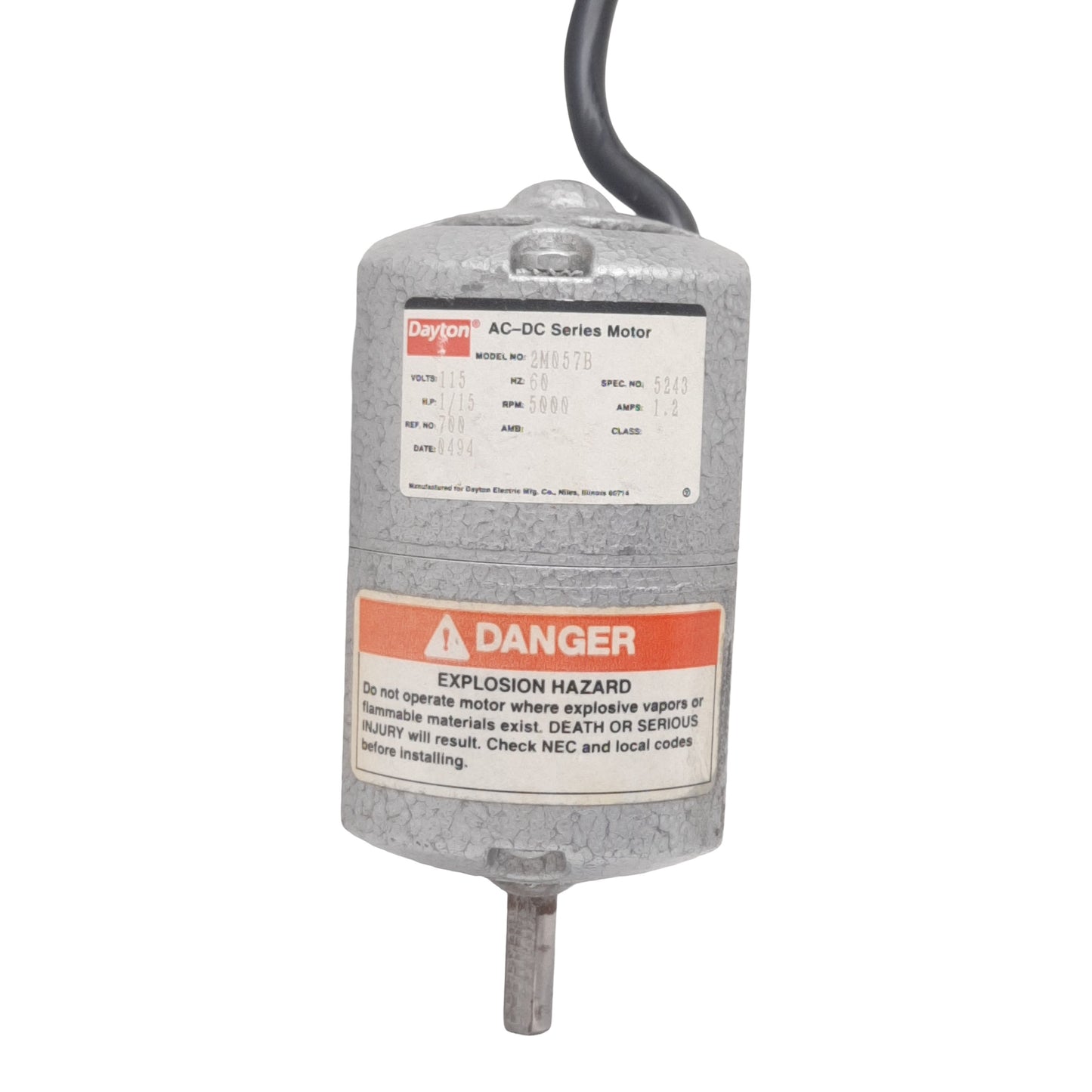 Used Dayton 2M057B Universal AC/DC Motor, 115VAC 1.2A, 1/15HP 5000RPM, ø5/16in Shaft