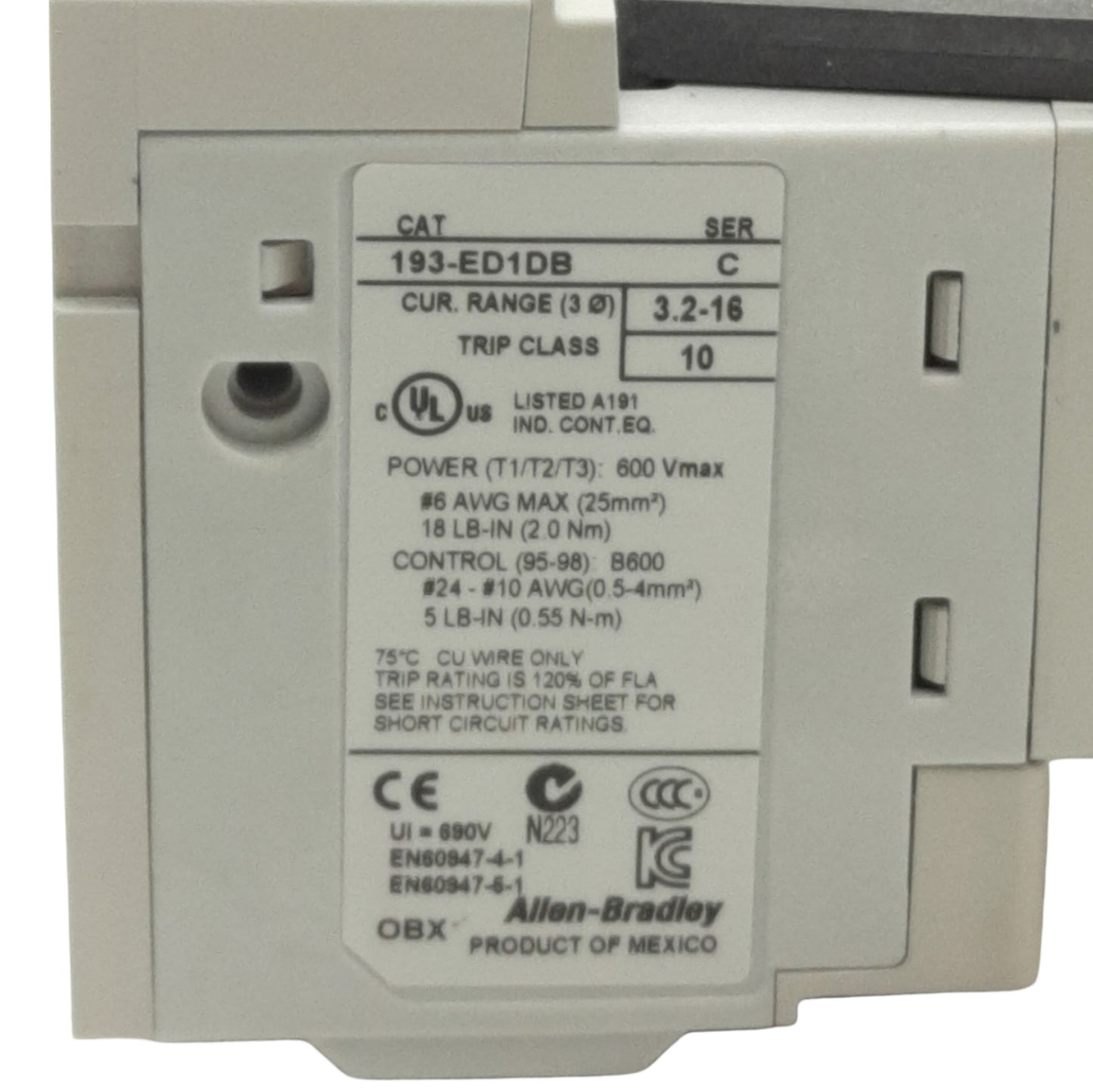 Used Allen Bradley 193-ED1DB Solid State Overload Relay, 3.2-16A, 3-Phase, 600V Max