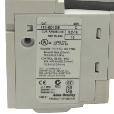 Used Allen Bradley 193-ED1DB Solid State Overload Relay, 3.2-16A, 3-Phase, 600V Max