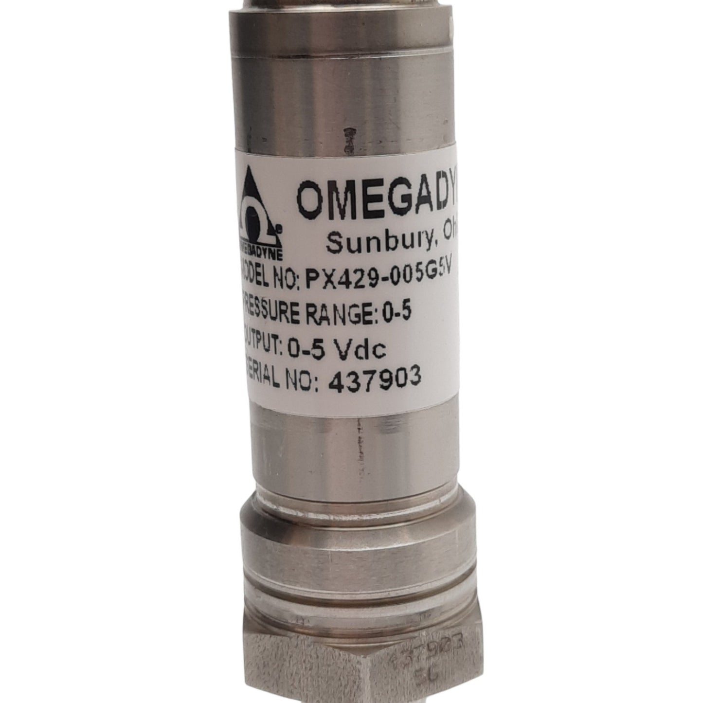 Used Omegadyne PX429-005G5V Pressure Transducer, 0-5 VDC, 0-5 PSI, 1/4 in NPT Male