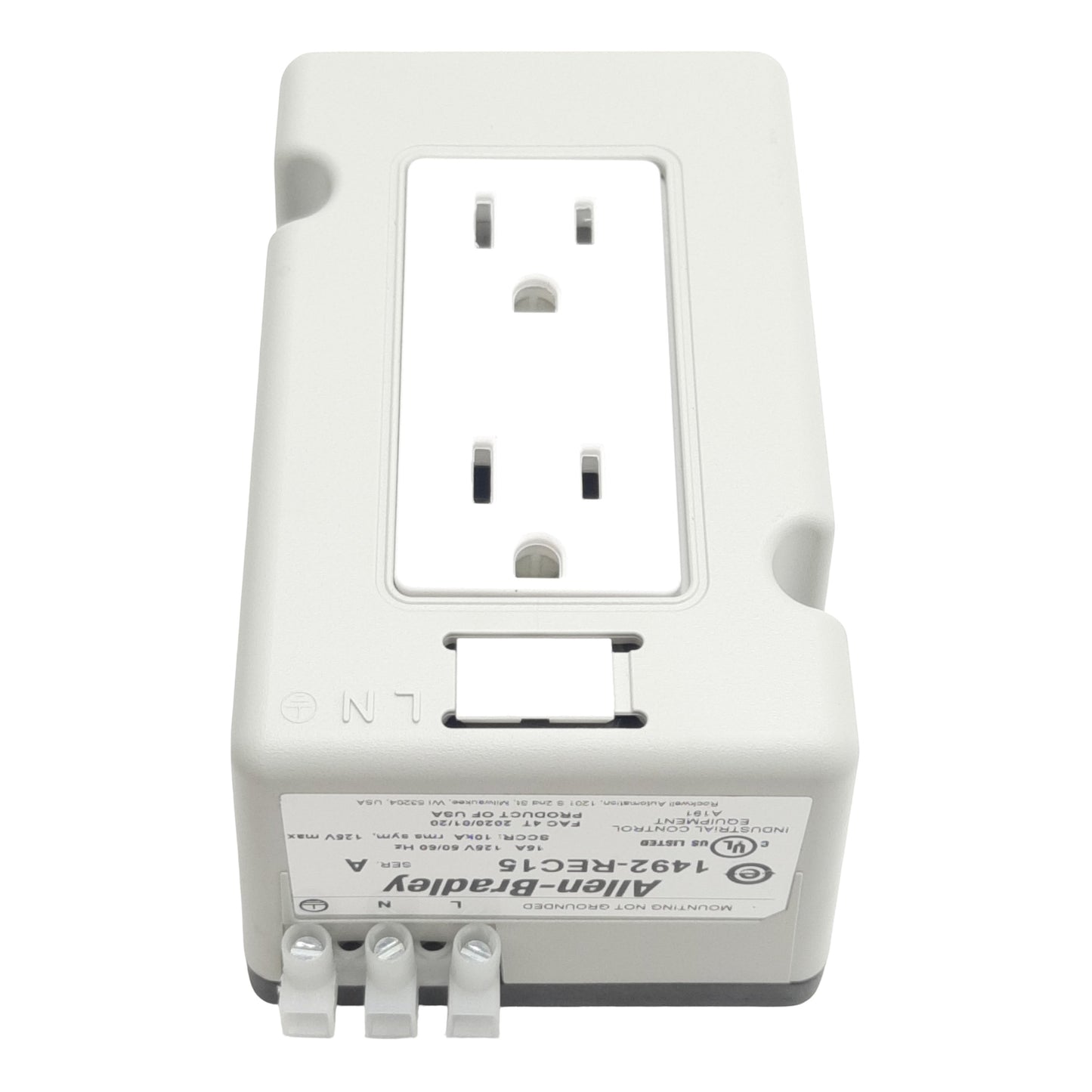 Used Allen Bradley 1492-REC15 Standard Duplex Receptacle, 15A 125VAC, DIN Rail