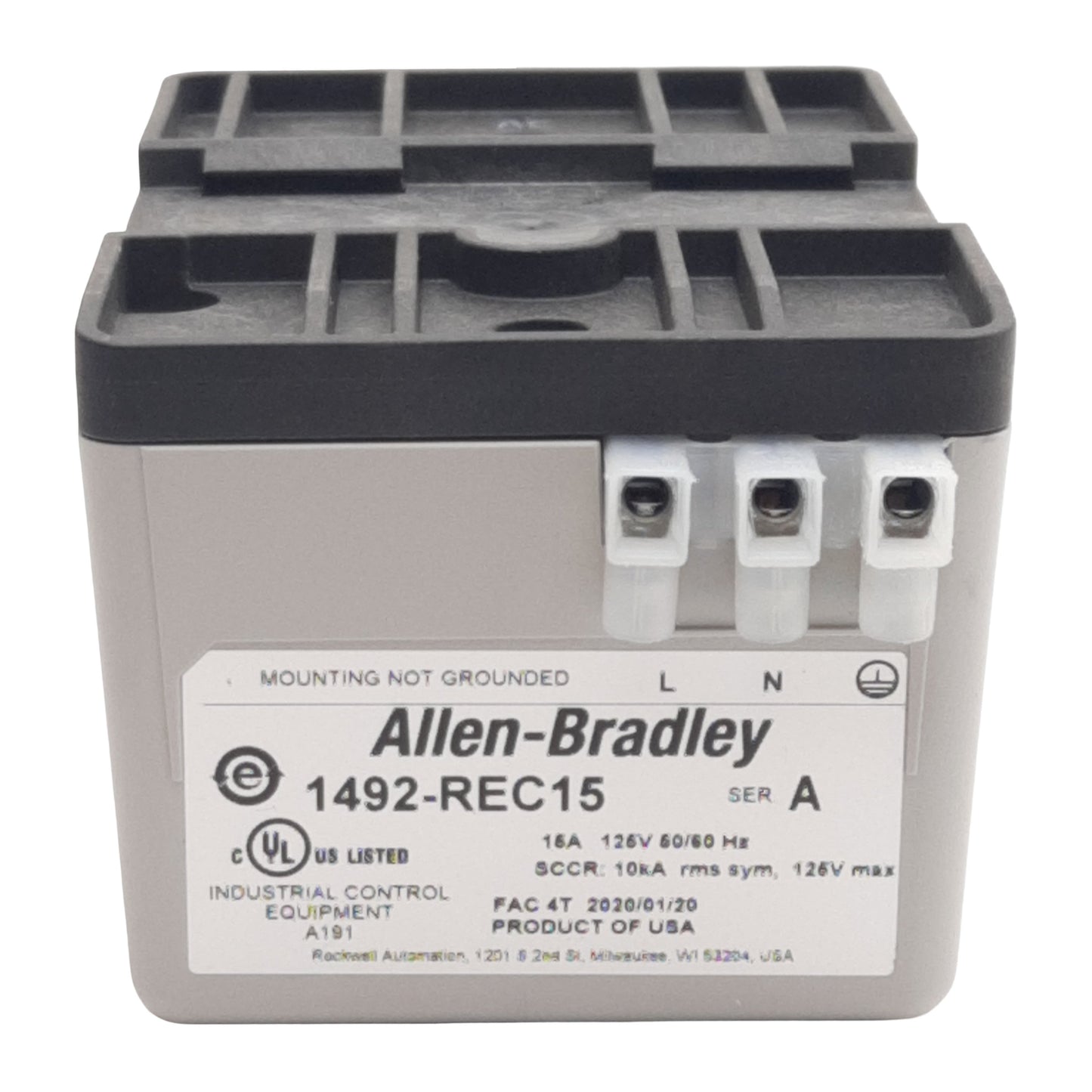 Used Allen Bradley 1492-REC15 Standard Duplex Receptacle, 15A 125VAC, DIN Rail