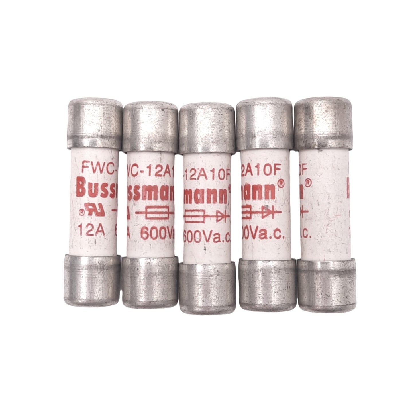 Used Lot of 5 Eaton Bussmann FWC-12A10F High Speed Midget Fuses, 12A 600VAC, Class aR