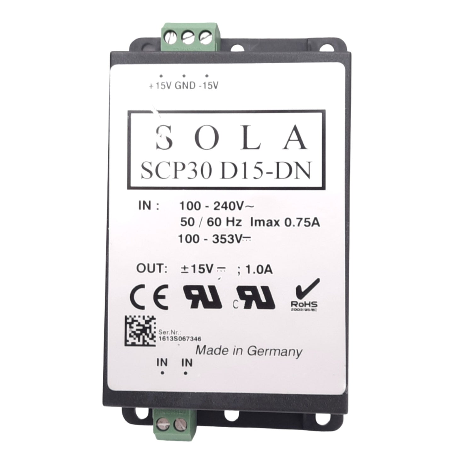 Used Sola SCP30 D15-DN Power Supply, 100-240VAC/100-353VDC 0.75A In, +-15VDC 1A Out