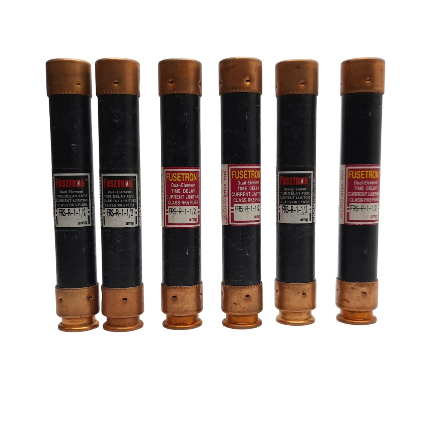 Used Lot of 6 Fusetron FRS-1-1/2 Time Delay Fuses, 600 VAC, 0.5 A, Class RK5