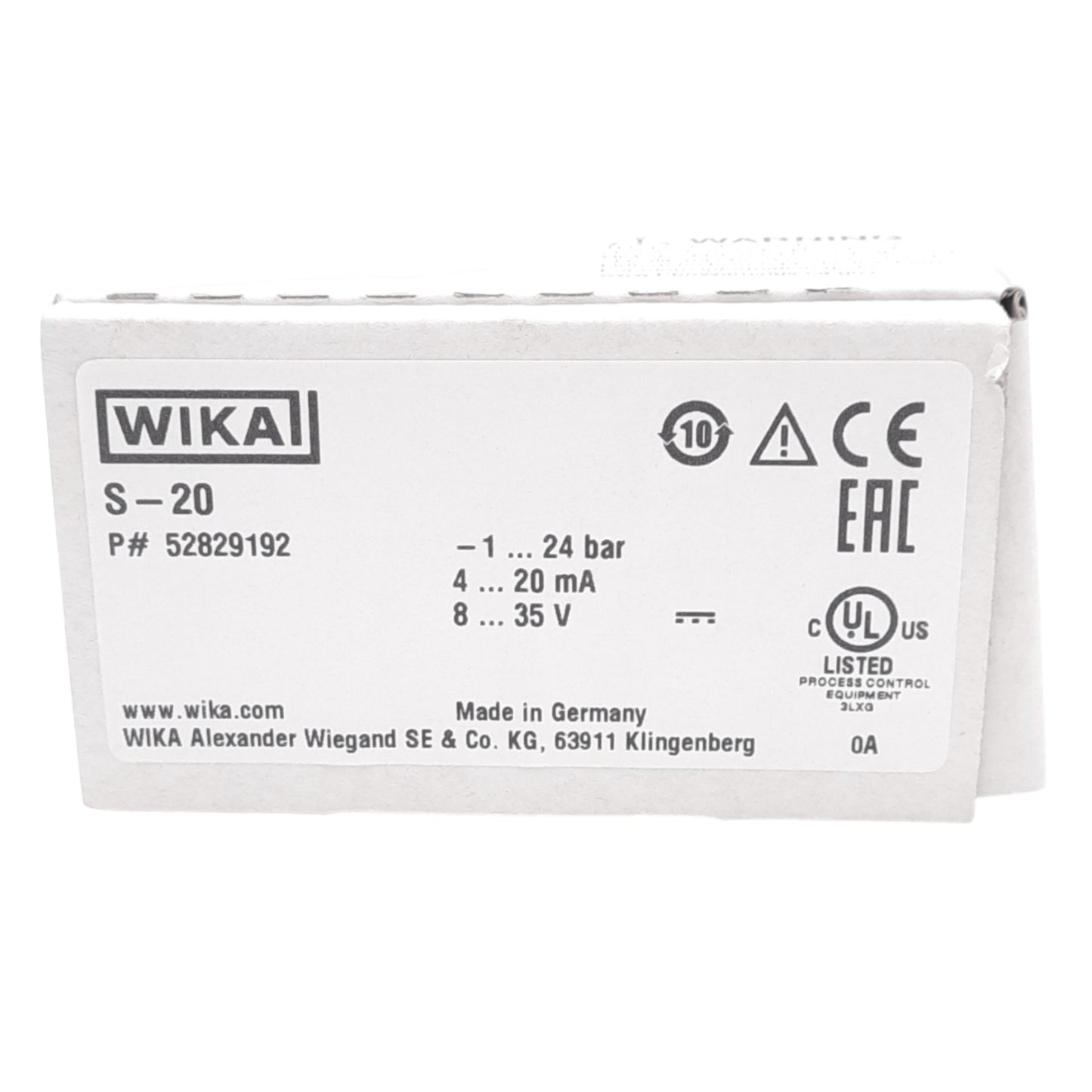 New Wika S-20 Pressure Transmitter, -1...24bar, 4-20mA, 8-35VDC, 1/2NPT, 1480bar Max
