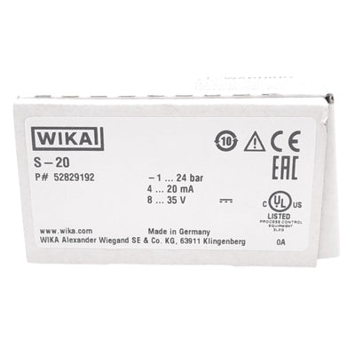 New Wika S-20 Pressure Transmitter, -1...24bar, 4-20mA, 8-35VDC, 1/2NPT, 1480bar Max