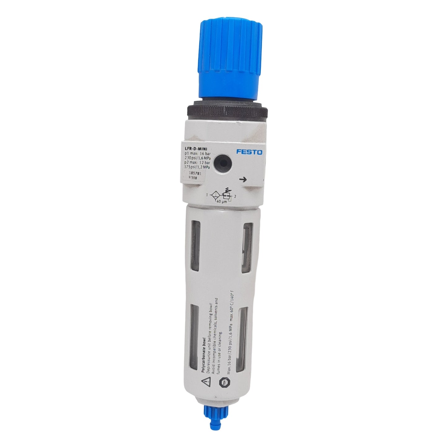 Used Festo LFR-D-MINI Basic Valve, 0.1MPa-1.6MPa, 40µm, 3336.86L/min Flow, 1/8in NPT