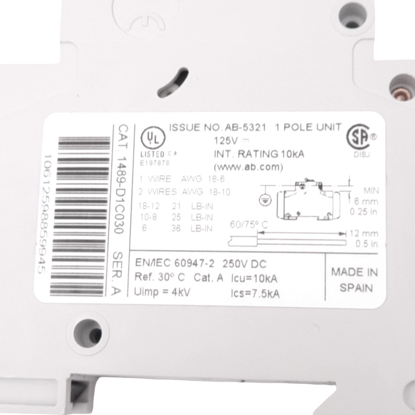 Used Allen Bradley 1489-D1C030 Miniature Circuit Breaker, 1-Pole, 3A, 125/250VDC