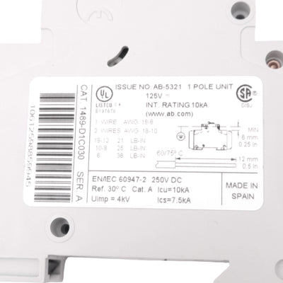 Used Allen Bradley 1489-D1C030 Miniature Circuit Breaker, 1-Pole, 3A, 125/250VDC
