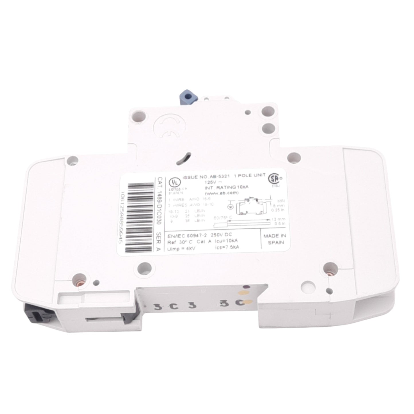 Used Allen Bradley 1489-D1C030 Miniature Circuit Breaker, 1-Pole, 3A, 125/250VDC