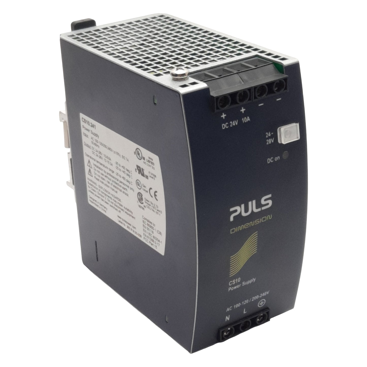 Used Puls CS10.241 Power Supply, 120/240VAC In, 24-28VDC 8.6-10A 240W Out, DIN Rail
