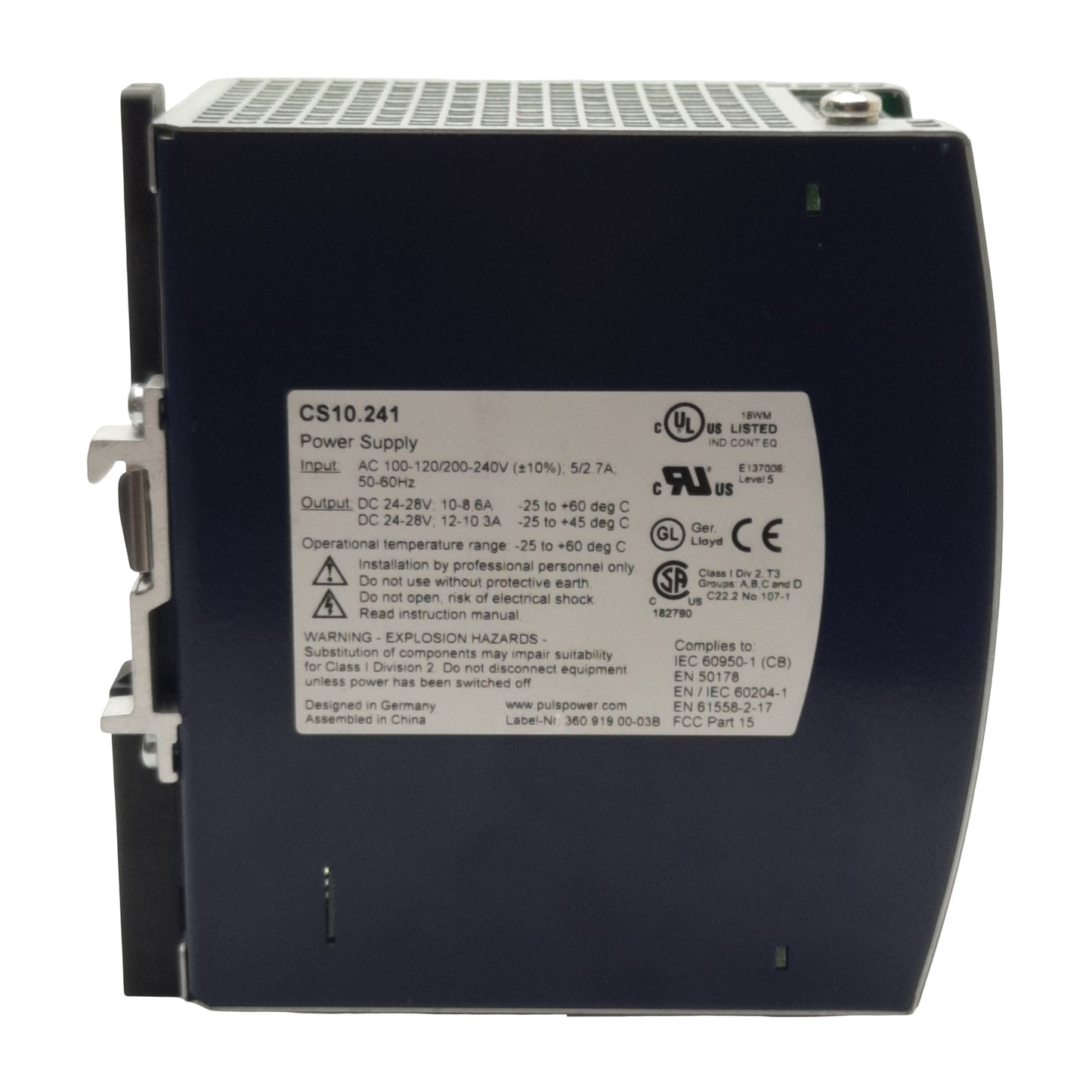 Used Puls CS10.241 Power Supply, 120/240VAC In, 24-28VDC 8.6-10A 240W Out, DIN Rail