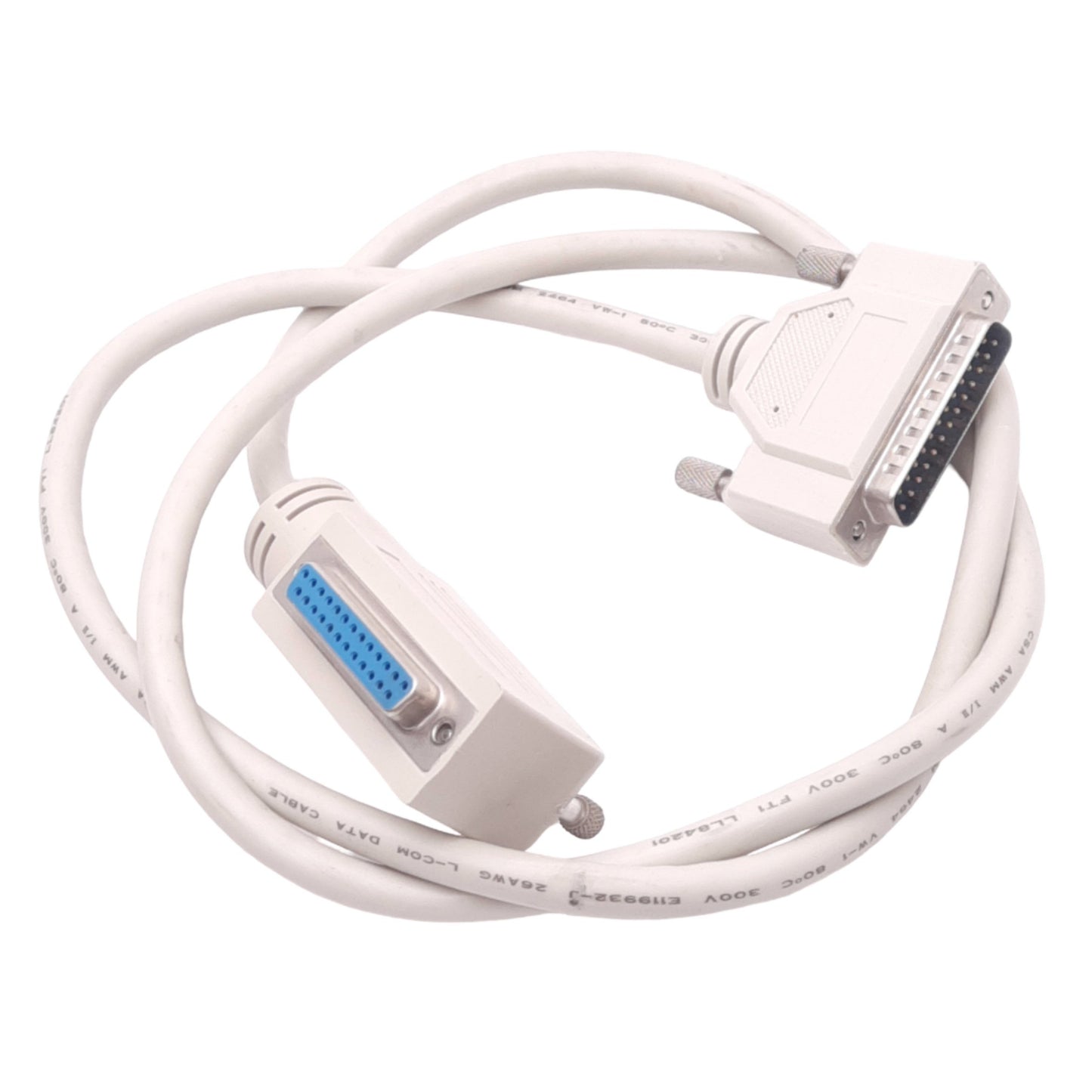 Used L-COM Data Cable, 25-Pin D-Sub Male to Female, 4ft Length, 26AWG, 300V AC/DC Max