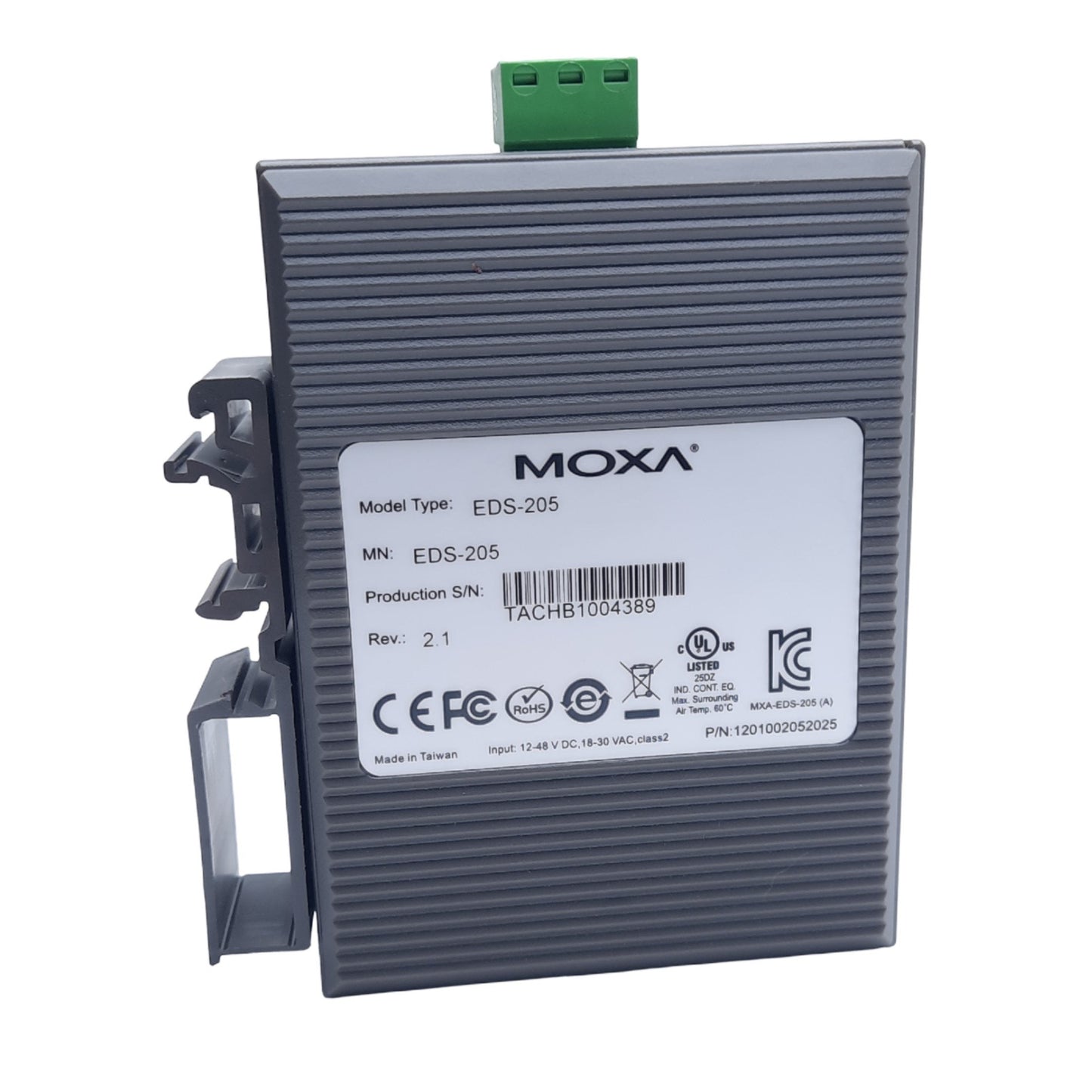 Used Moxa EDS-205 Ethernet Switch, 5-Port RJ45, 12-48VDC/18-30VAC, DIN Rail