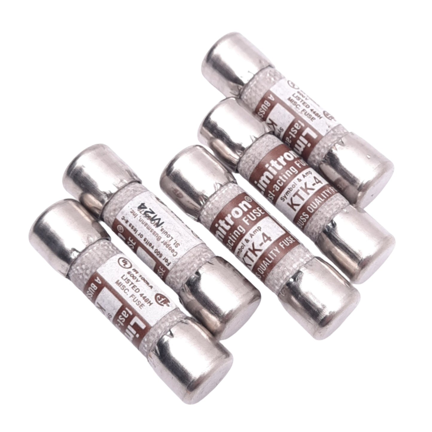 New Lot of 5 Eaton Bussmann KTK-4 Fast Acting Midget Fuses, 4A, 600VAC, Class CC